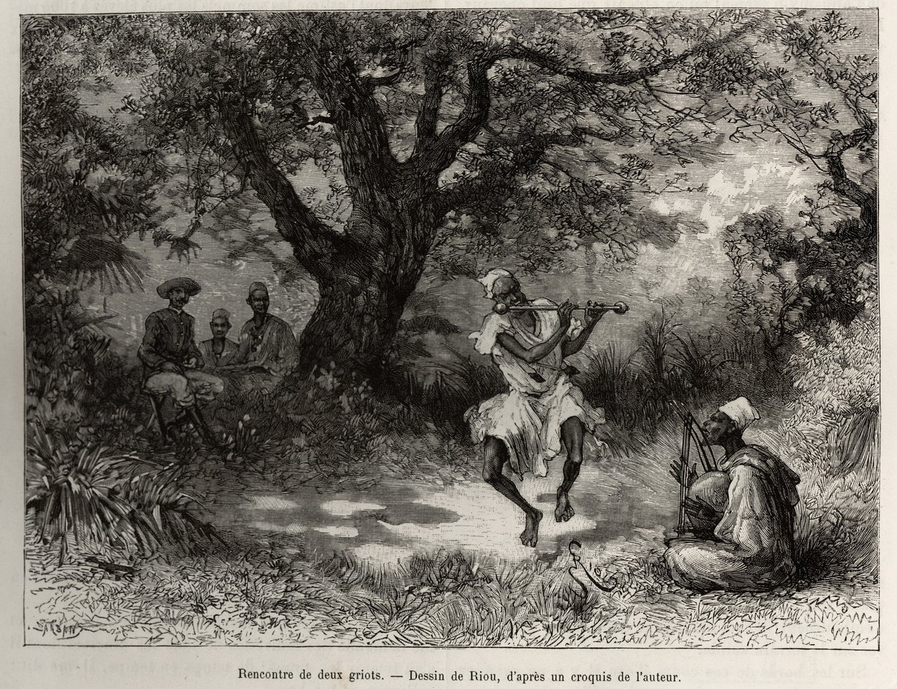 Mød to griots, Kaptajn Binger, der sidder i skyggen, nyder showet. Gravering af Riou, for at illustrere historien "" Fra Niger til Guineabugten"" af kaptajn Louis Gustave Binger (1856-1936), i 1887-1889, i Le tour du monde, nouveau journal des voy af Edouard Riou