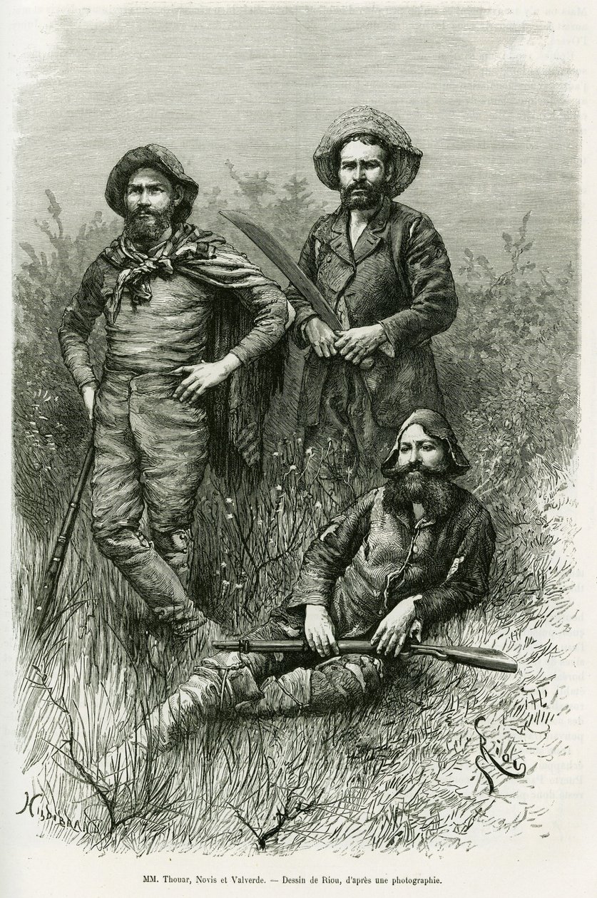 Medlemmer af ekspeditionen: Mr. Thouar (forlængelse), Mr. Novis (stående til venstre) og Mr. Valverde (stående til højre). Gravering af Riou, for at illustrere historien Voyage dans le Chaco Boreal af Edouard Riou