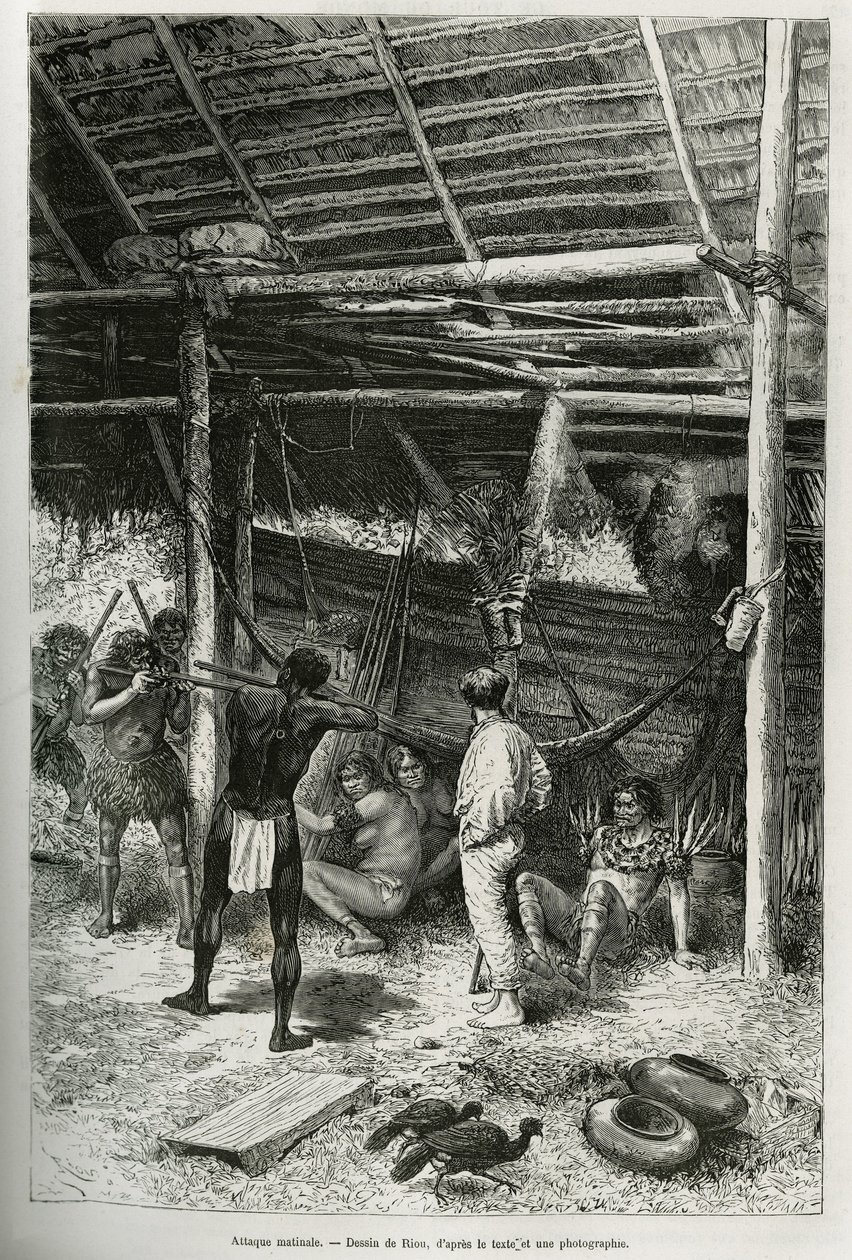 Morgenangreb på opdagelsesrejsendes hytte af indianere fra Amazonas bredder. Gravering af Riou, for at illustrere historien om Cayenne aux Andes, af Jules Crevaux, læge for den franske flåde, i 1878-1879, udgivet i Tour du monde, under ledelse af af Edouard Riou