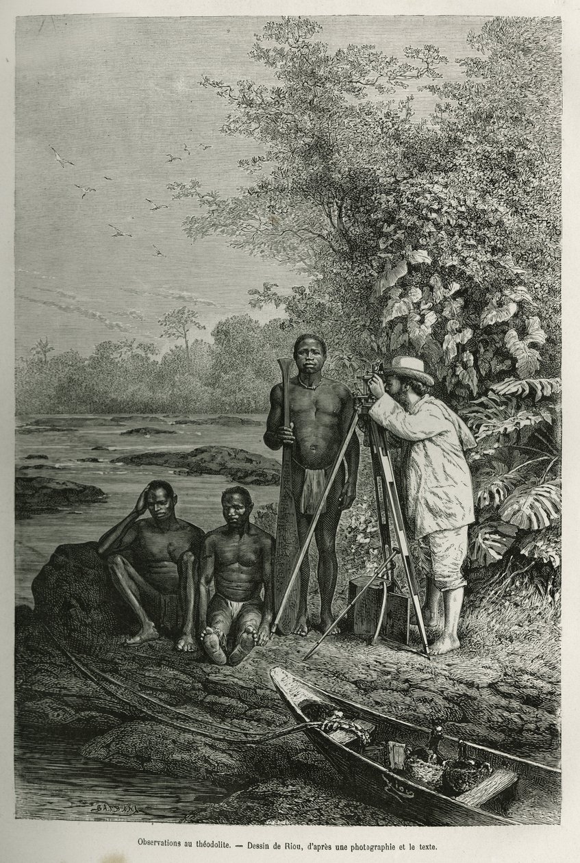 Observation ved theodolite, Dr. Crevaux med sine måleinstrumenter og sit hold af guider og portører, i fuld arbejdsgang, gravering efter en tegning af Riou, for at illustrere historien De Cayenne aux Andes, af Jules Crevaux, læge i den franske flåde, i af Edouard Riou