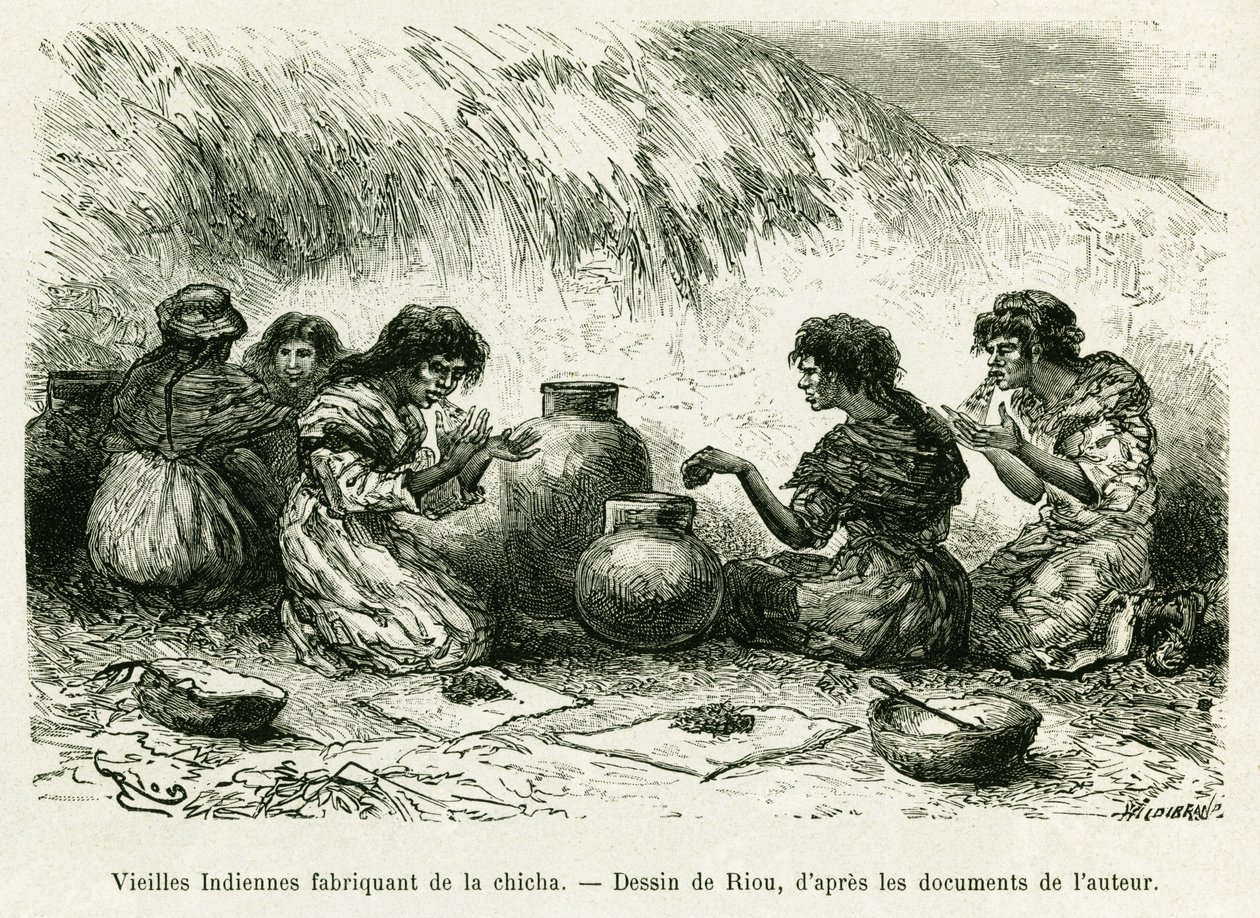 Gamle indiske kvinder, der laver shisha. Gravering af Riou, for at illustrere historien Journey in the Pilcomayo Delta og fra Buenos Aires til Sucre af Edouard Riou