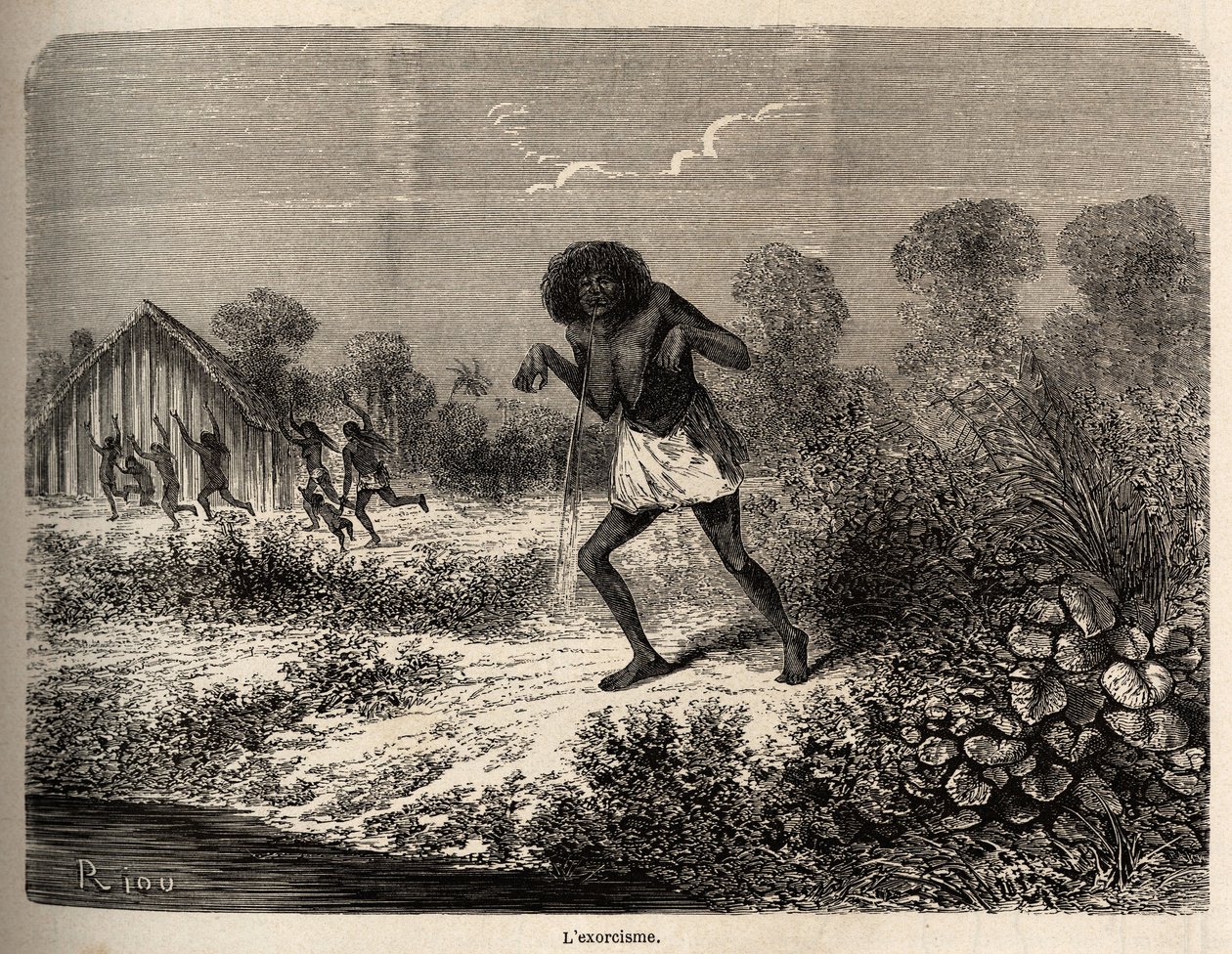 Panik blandt Conibos-indianerne, som flygtede ved ankomsten af Paul Marcoys ekspedition nær Tumbaya (Peru), som selv var offer for en ond besværgelse af en gammel indianer, tegnet af Riou for at illustrere rejsen fra 1848 til 1860 af P. Marcoy, fra th af Edouard Riou