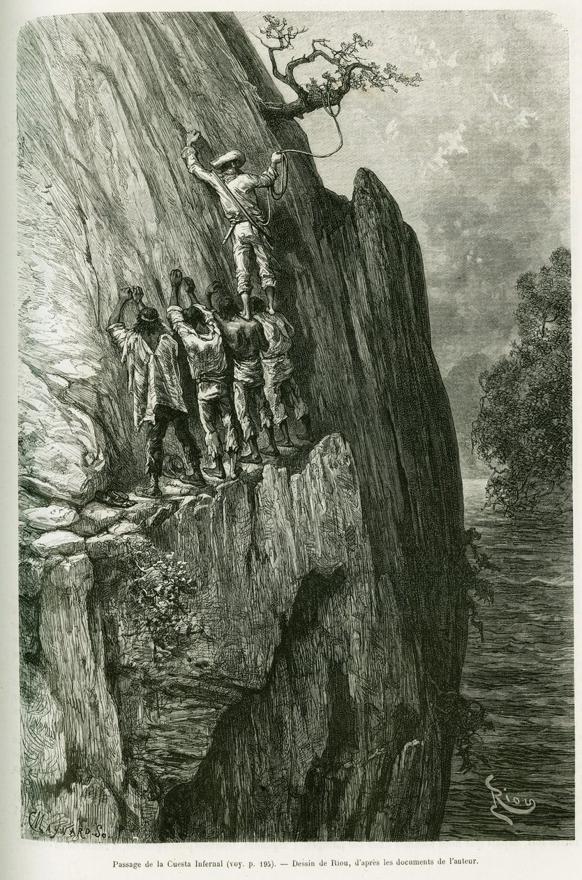 Passage af Infernalskrænten. Gravering af Riou, for at illustrere historien Journey in the Pilcomayo Delta og fra Buenos Aires til Sucre af Edouard Riou