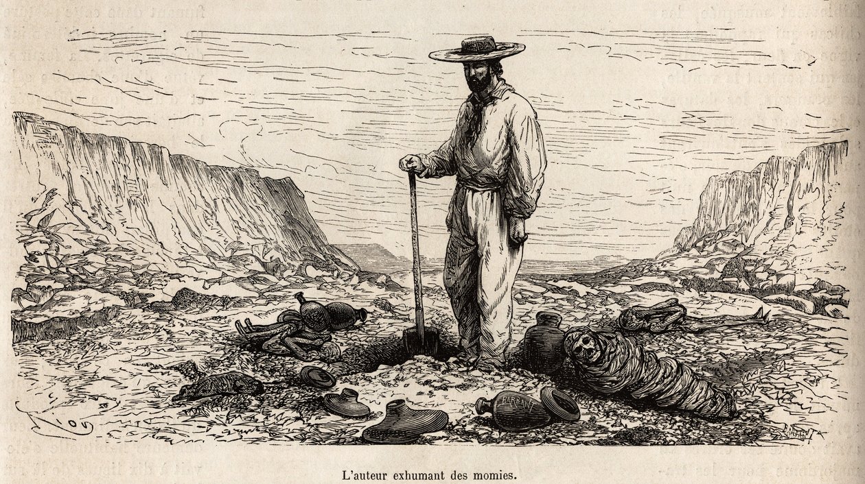 Paul Marcoy exhumant des mummies Incas (Bas Peru), gravering af E.Riou, der illustrerer rejsen i bjergene, Huarancalqui-dalen og regionerne Pjonal, fra 1862 til 1863, af Paul Marcoy, udgivet i "Le tour du monde" ” 1875, redigeret af Edou af Edouard Riou