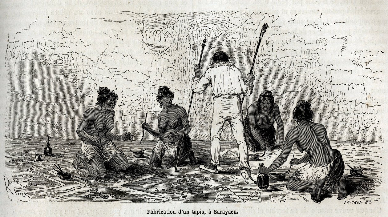 Paul Marcoy lærte at lave et tæppe med enkerne fra Sarayacu (Peru), tegning af Riou, for at illustrere Paul Marcoys rejse fra Stillehavet til Atlanterhavet fra 1848 til 1860. Indgravering i "" Le tour du monde"", redigeret af Edouard Charton af Edouard Riou