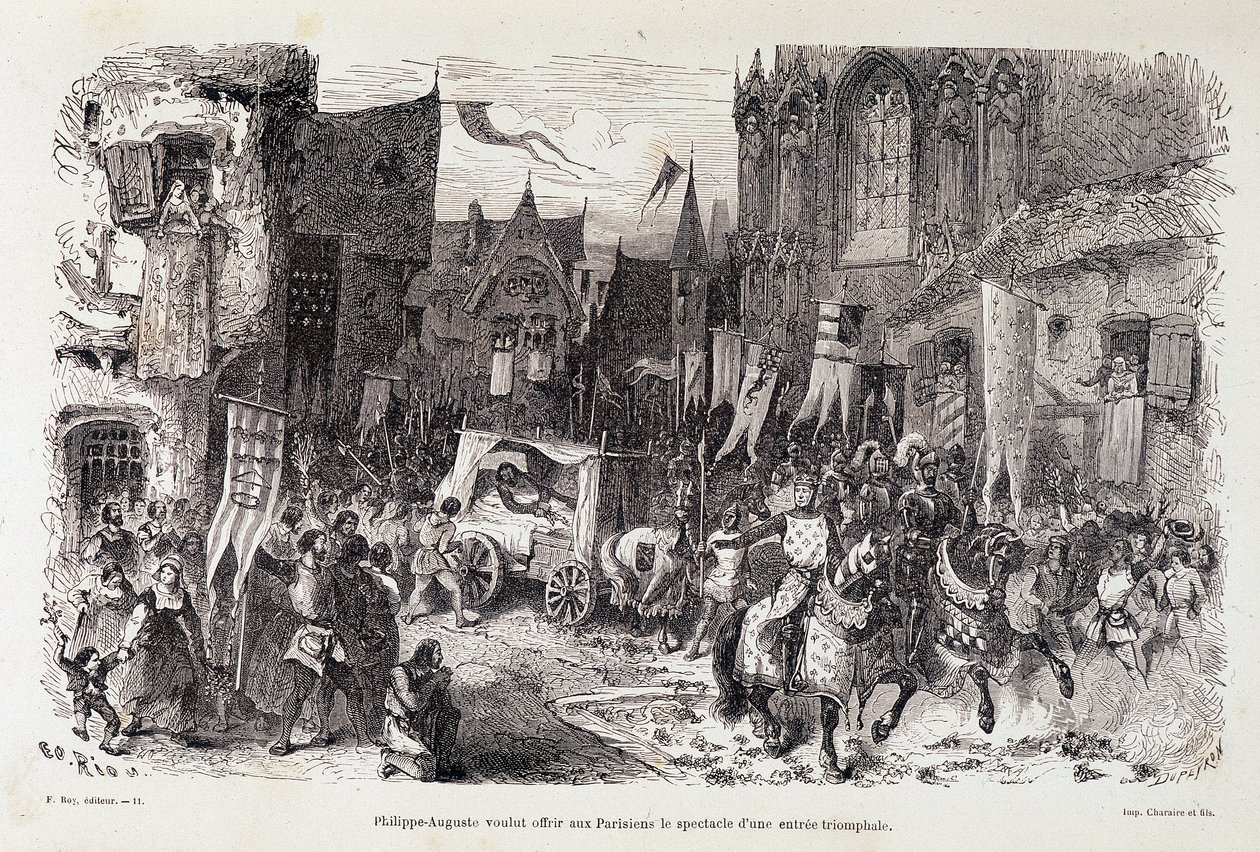 Philippe Auguste (Philippe-Auguste) ønskede at tilbyde pariserne skuet af en triumferende start. sd. 12. århundrede af Edouard Riou