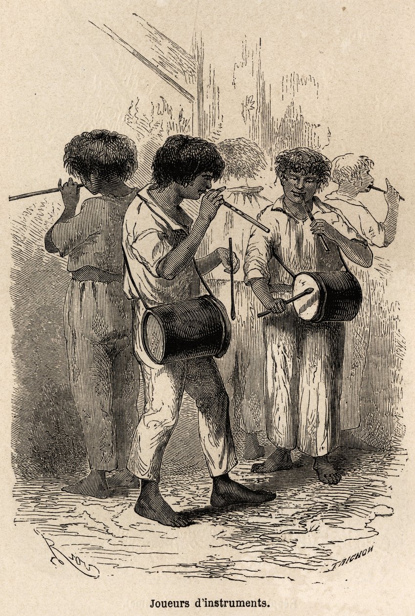 Spillere af musikinstrumenter i Sarayacu (Peru), tegning af Riou, for at illustrere Paul Marcoys rejse fra Stillehavet til Atlanterhavet fra 1848 til 1860. Gravering i “” Le Tour du Monde ””, redigeret af Edouard Charton af Edouard Riou