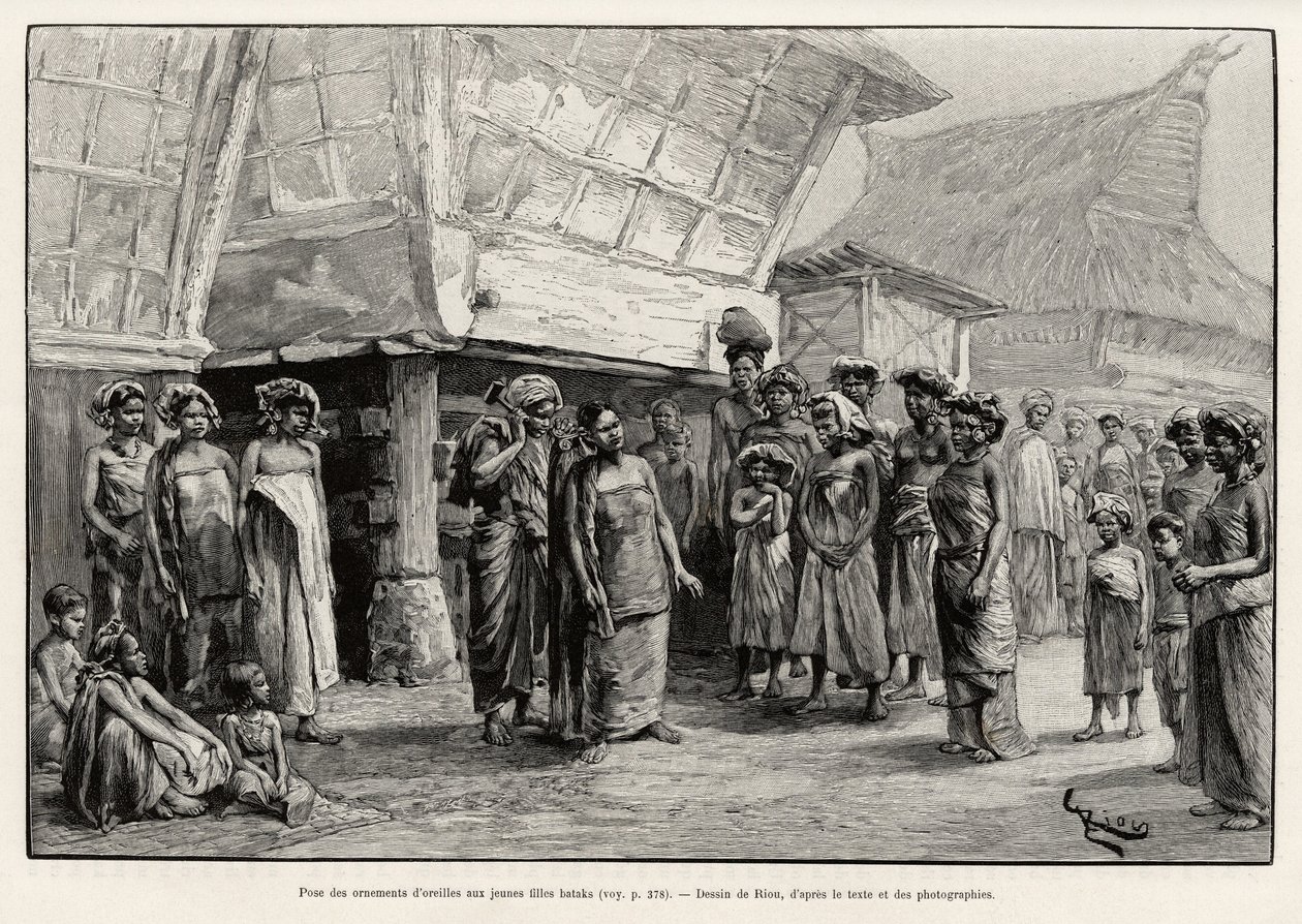Spiller ørepynt til Batak-piger, etnisk gruppe i det nordlige Sumatra. Gravering af Riou for at illustrere historien "et år i Malaysia" af Jules Claine (1856-1939) af Edouard Riou