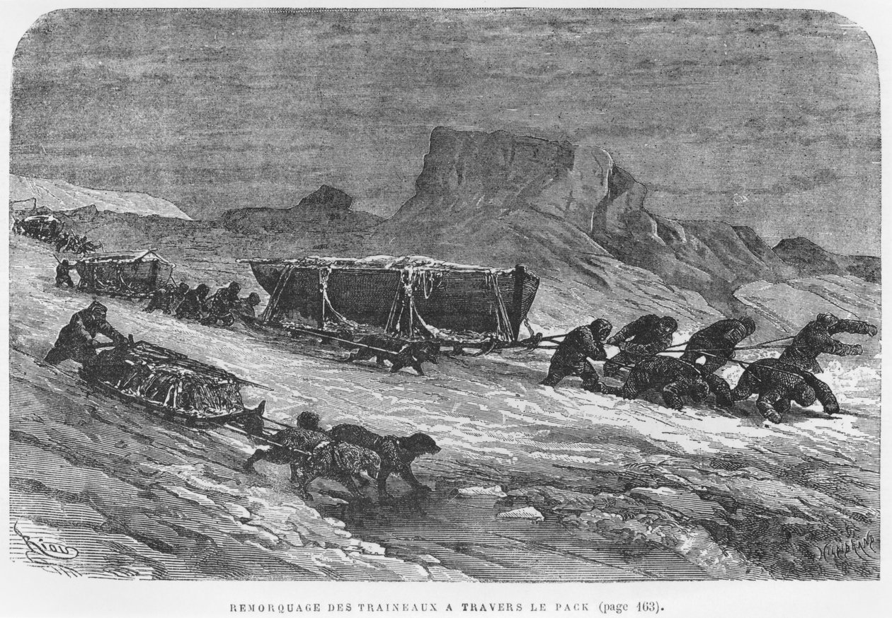 Træk af slæderne gennem pakisen, illustration fra "Expedition du Tegetthoff" af Julius Prayer (1841-1915), graveret af Henri Theophile Hildibrand (1824-97) af Edouard Riou