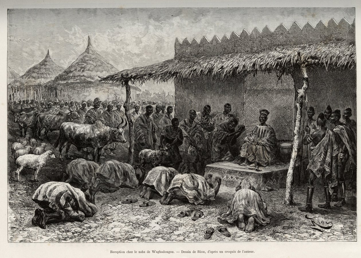 Modtagelse på naba Sanem, fra Mossi-kongeriget (eller Mosse) i Waghadougou (Ouagadougou, Burkina Faso). Gravering af Riou, for at illustrere historien "" Fra Niger til Guineabugten"" af kaptajn Louis Gustave Binger (1856-1936), i 1887-1889, i Le tou af Edouard Riou