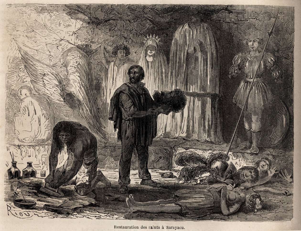 Restaurering af helgenstatuer i Sarayacu (Peru), tegning af Riou, for at illustrere Paul Marcoys rejse fra Stillehavet til Atlanterhavet fra 1848 til 1860. Indgravering i "" Le tour du monde"", redigeret af Edouard Charton af Edouard Riou