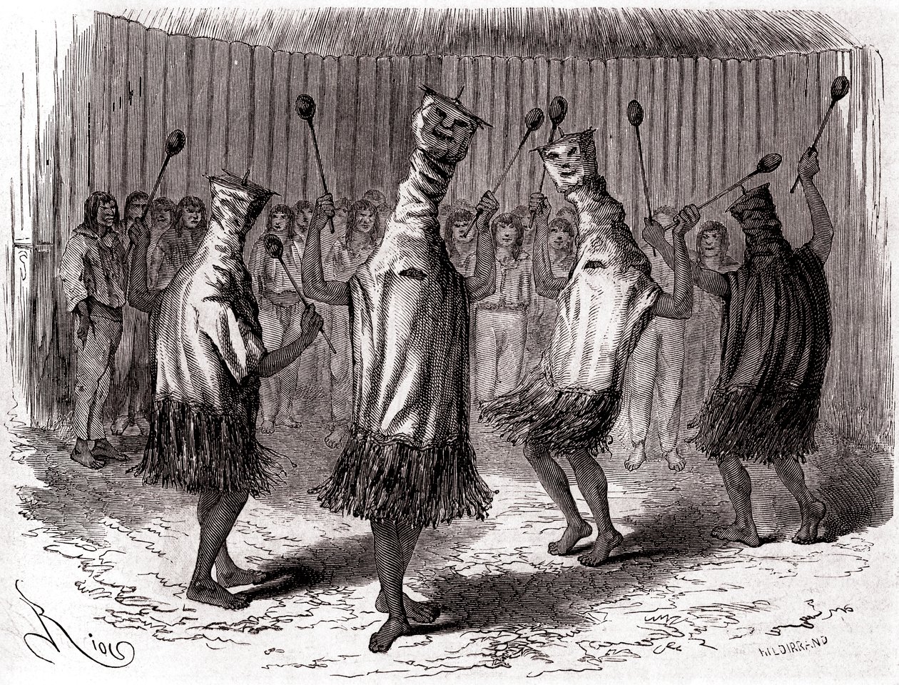 Rituel dans af Ticuna-indianerne i Peru iført forklædninger og masker af Edouard Riou