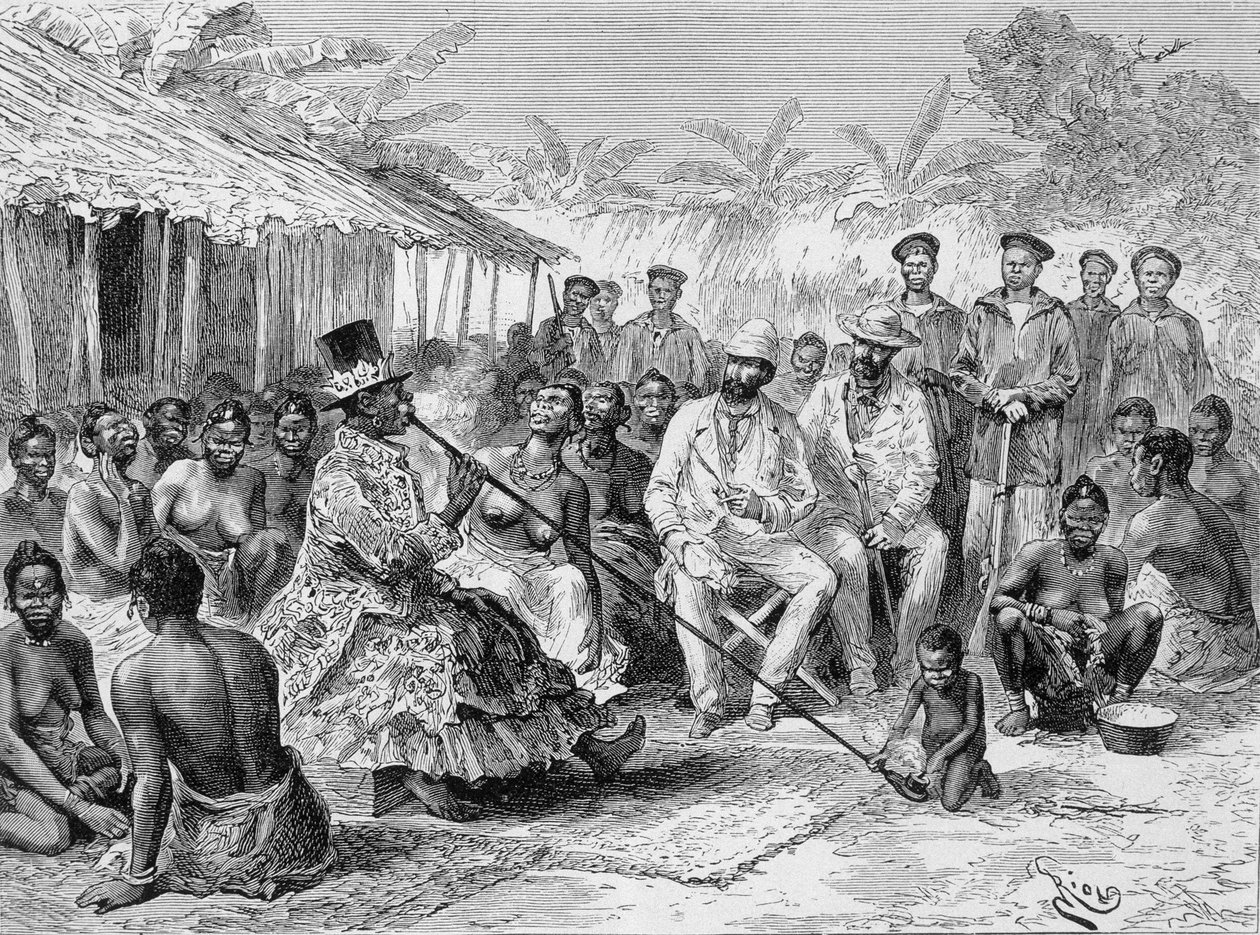 Savorgnan de Brazza palaver med Renoké, landsbyleder i Vestafrika - i ""Tour du Monde"", 2. uge 1887 af Edouard Riou