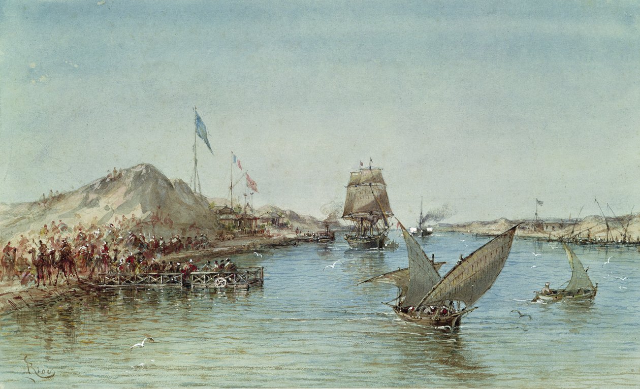 Forsendelse på Suez-kanalen fra et souveniralbum til minde om kejserinde Eugenies rejse (1826-1920) ved indvielsen i 1869 (wc på papir) af Edouard Riou