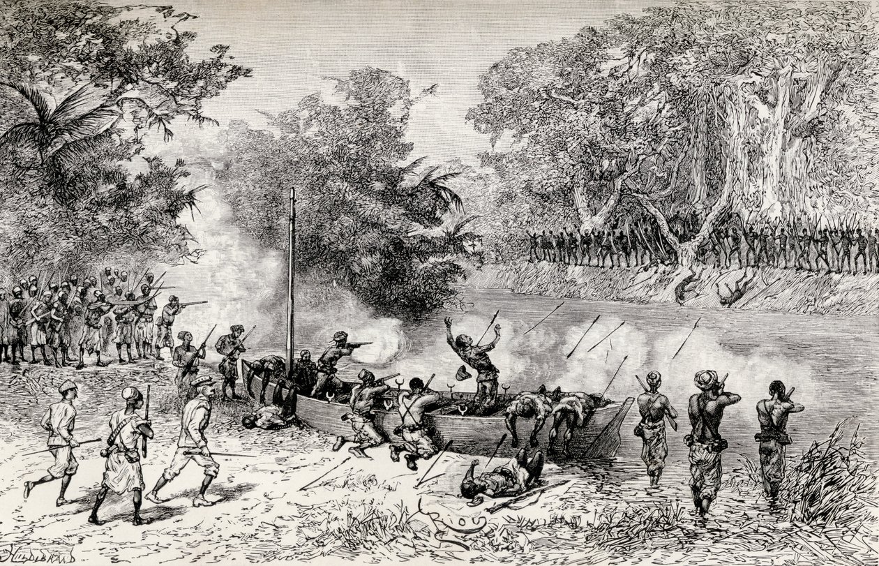Sir Henry Morton Stanleys Emin Pasha Relief Expedition bliver angrebet af Avisibba kannibaler ved hjælp af forgiftede pile, 1890 (trægravering) af Edouard Riou