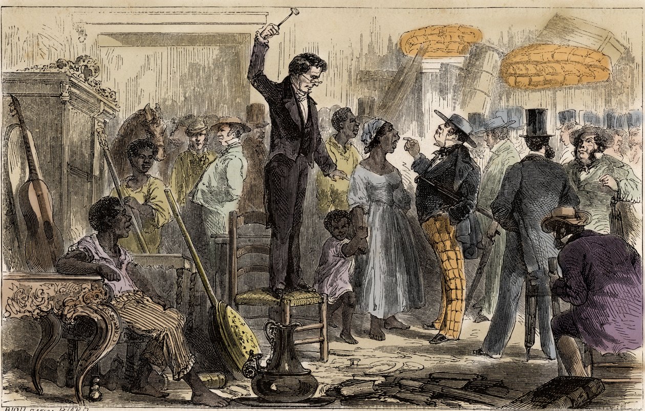 Slavemarked i Rio de Janeiro, Brasilien - Et slavesalg i Rio de Janeiro, tegning af Riou af Edouard Riou