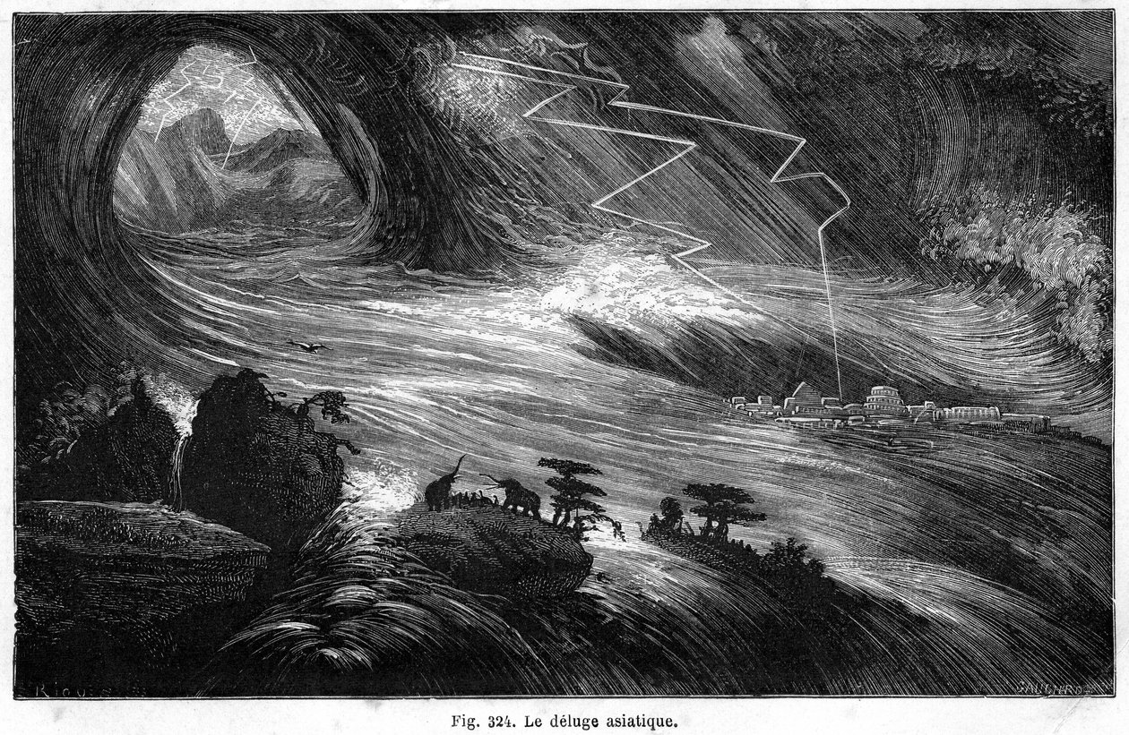 Den asiatiske syndflod: en katastrofe, der kan have inspireret syndfloden beskrevet i Bibelen: fra Louis Figuiers bog "" La Terre avant le deluge "", udgave Hachette 1872 af Edouard Riou