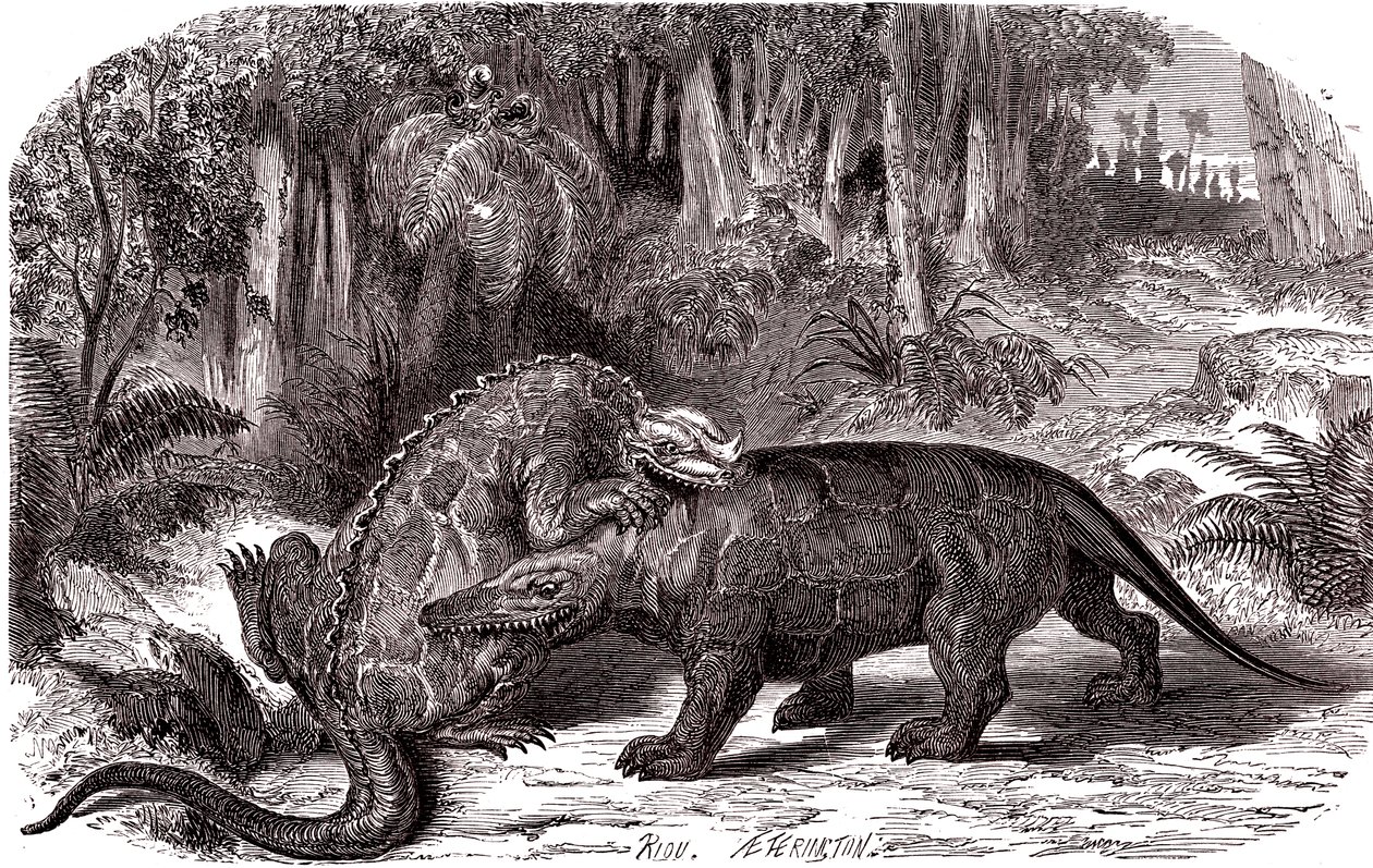 Iguanodon og Megalosaurus af Edouard Riou