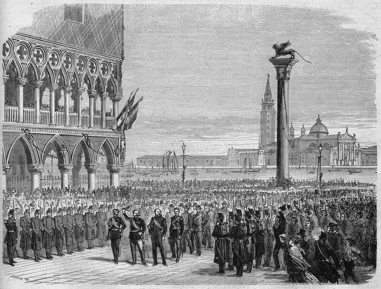 Kongen af Italien Victor Emmanuel II (Victor Emmanuel) (Vittorio Emanuele) i Venedig på Markuspladsen. Efter østrigernes nederlag ved Sadowa blev Venezia genvundet til Kongeriget Italien i 1866. Indgravering efter en tegning af Crepon og Riou. I " af Edouard Riou