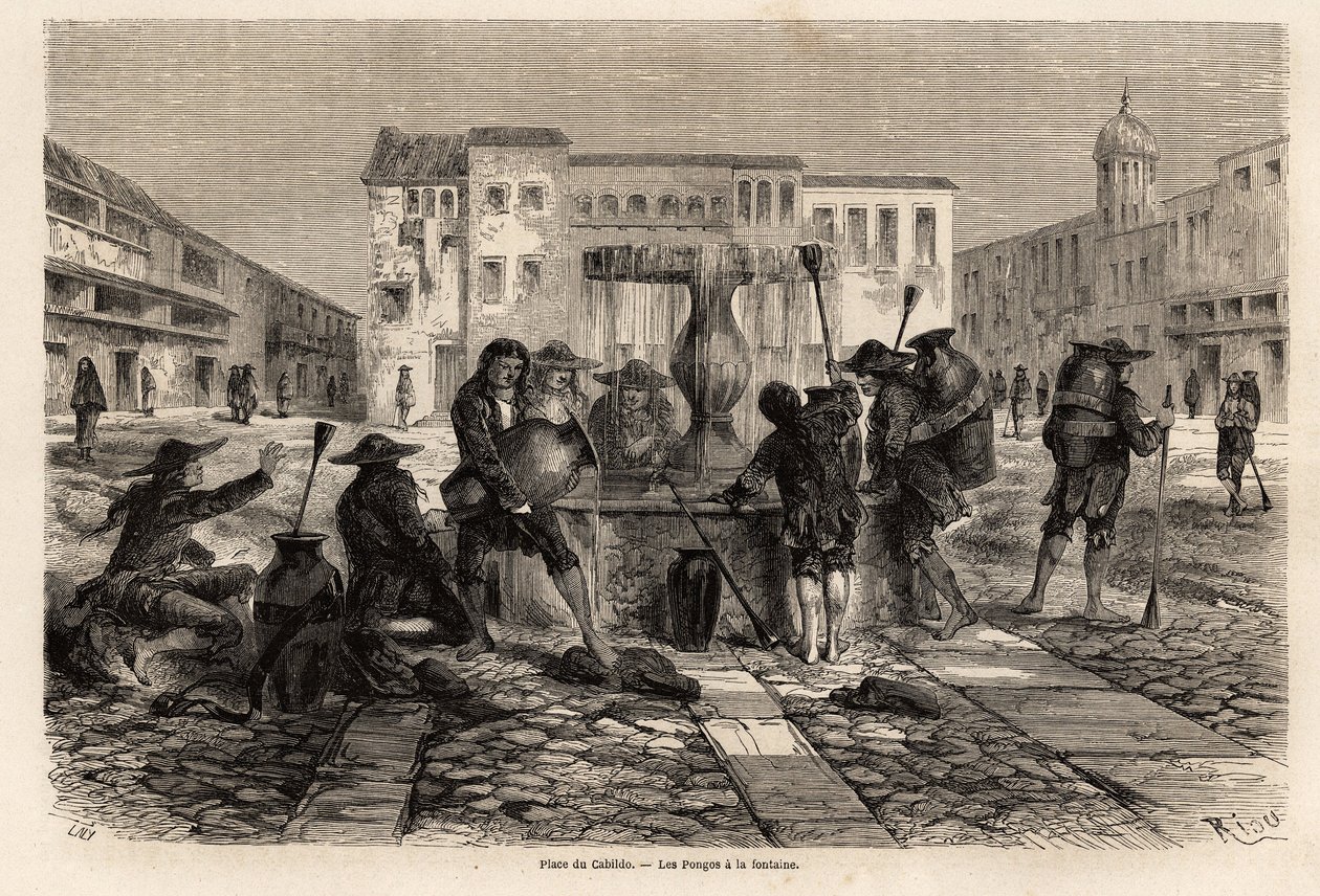 Pongos, indianere udsat for trældom, ved springvandet, på pladsen i cabildo, i Cuzco, tegning af Riou, for at illustrere rejsen gennem Sydamerika, fra 1848 til 1860 af Paul Marcoy. Indgravering i "" Le tour du monde"", redigeret af Edouard C af Edouard Riou