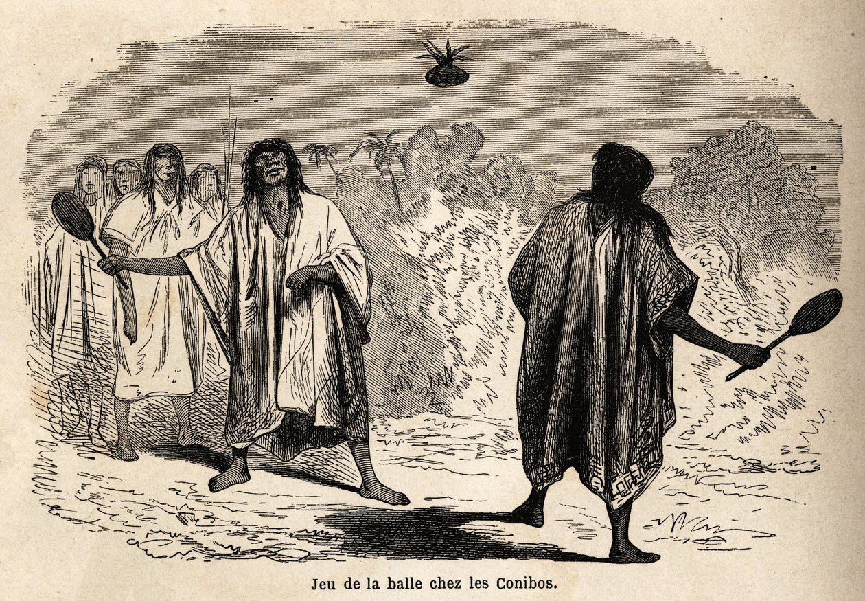 Boldspillet, blandt de indiske koniboer i Peru, tegnet af Riou for at illustrere rejsen fra 1848 til 1860 af P. Marcoy, fra Stillehavet til Atlanterhavet. Indgravering i "" Le tour du monde"", redigeret af Edouard Charton af Edouard Riou