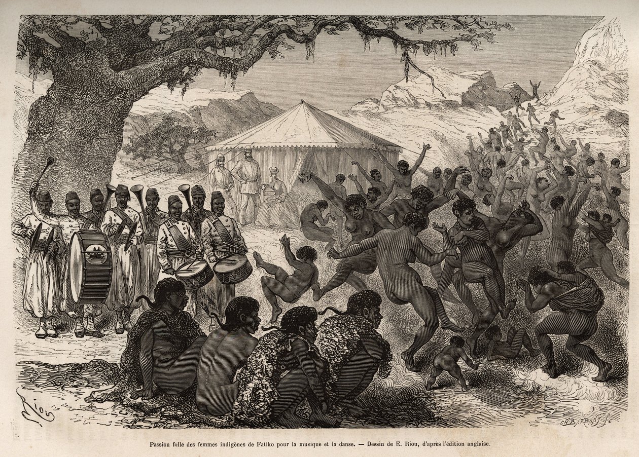 Ekspeditionens band tiltrækker kvinder og børn i landsbyen Fatiko (Den Centralafrikanske Republik) og fremkalder et lidenskabeligt tab af dans, indgraveret efter en tegning af E.Riou, der illustrerer en ekspedition i Centralafrika, til undertrykkelse af af Edouard Riou