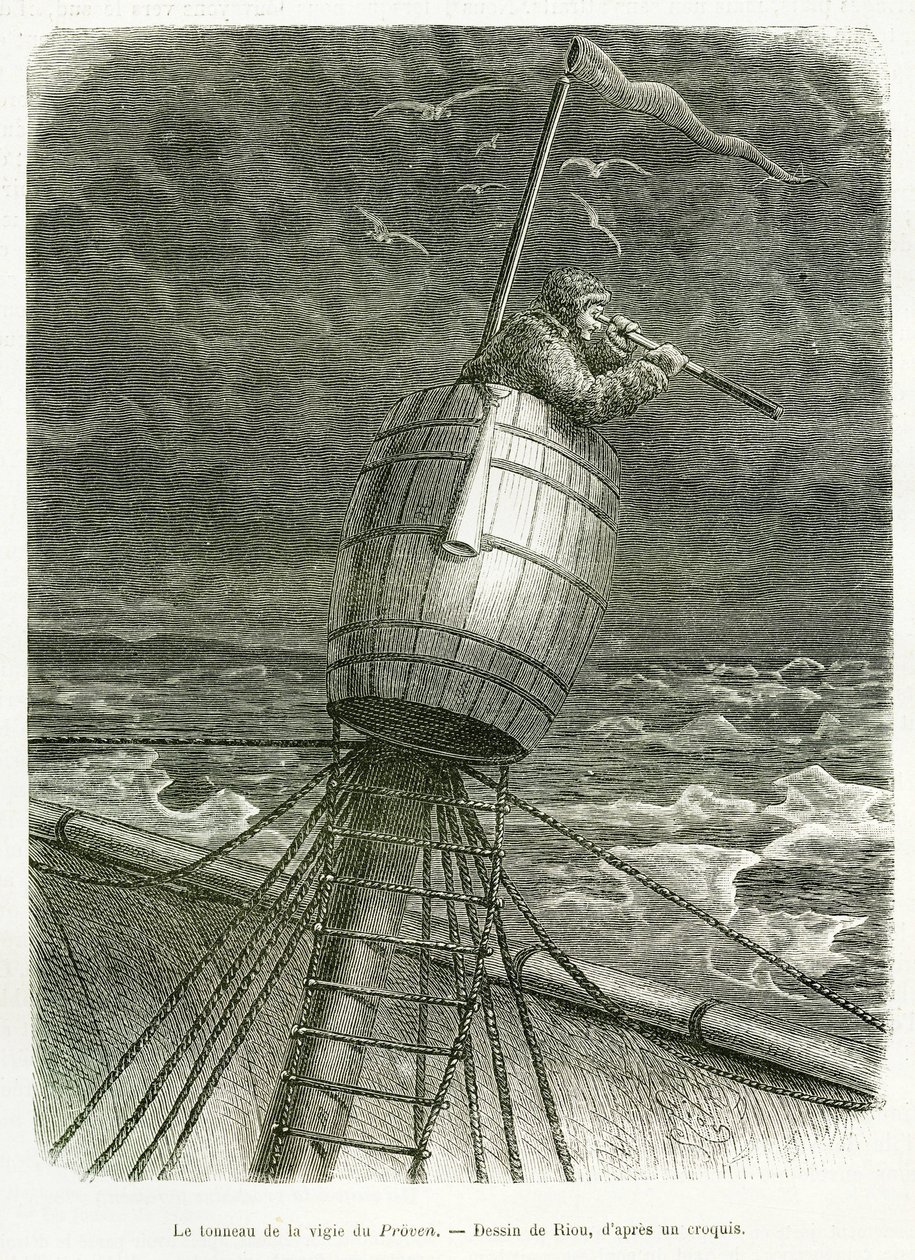 Tønden af bådens ur Bevist, tegning af Riou, for at illustrere historien om professor Nils Adolf Erik (Eric) Baron Nordenskjold (Nordenskiold) (1832-1901): Svensk polarekspedition, i 1875. Indgravering i Le tour du monde af Edouard Riou