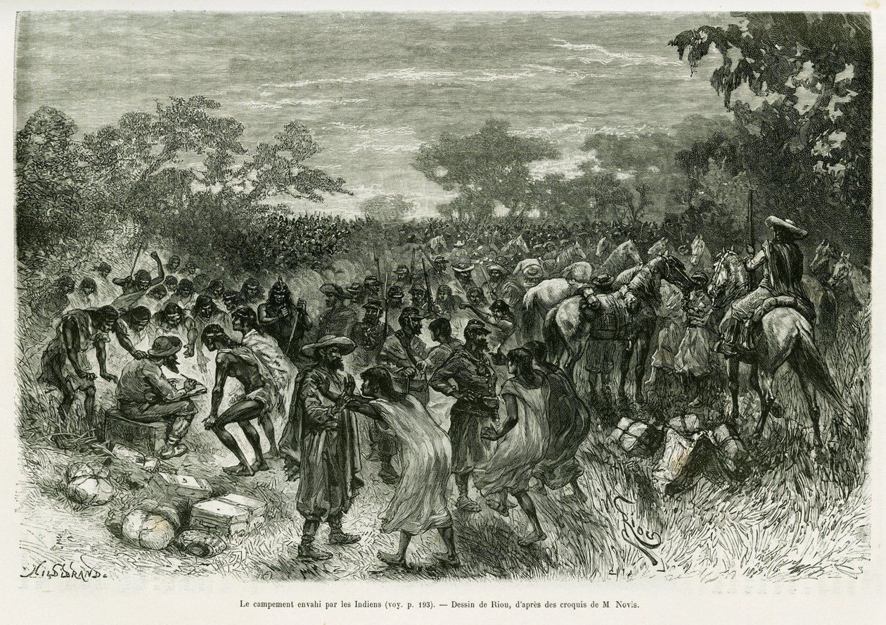 Lejren invaderet af indianerne. Gravering af Riou, for at illustrere historien Voyage dans le Chaco Boreal af Edouard Riou