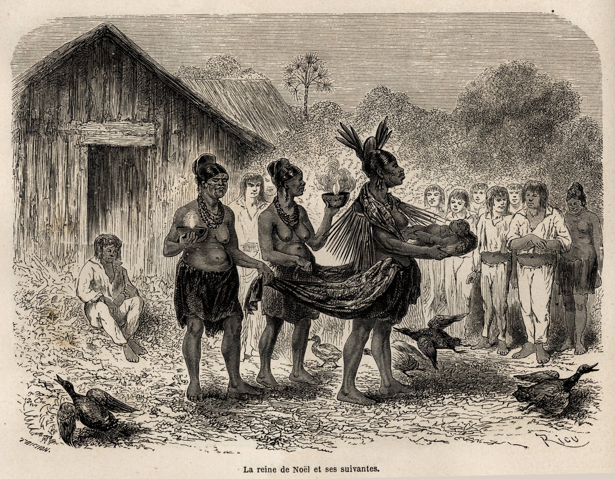 Fejringen af julefesten i Sarayacu (Peru), bærer juledronningen Jesusbarnet i en kurv, og ledsaget af to, der følger, præsenterer hun barnet for alle landsbyens huse, tegnet af Riou, for at illustrere Paul Marcoys jour af Edouard Riou