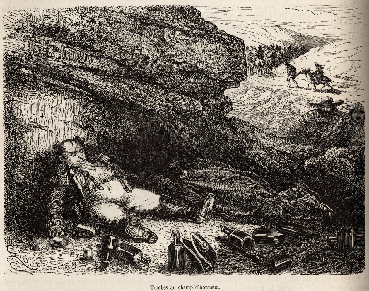 Andens oberst og hans aide-de-camp, berusede efter den lille fest givet af Caillomas notabler, gemmer sig bag klipperne, fortælleren og hans rejseledsager, i baggrunden vender gruppen af notabler hjem, gravering af E.Riou ill af Edouard Riou