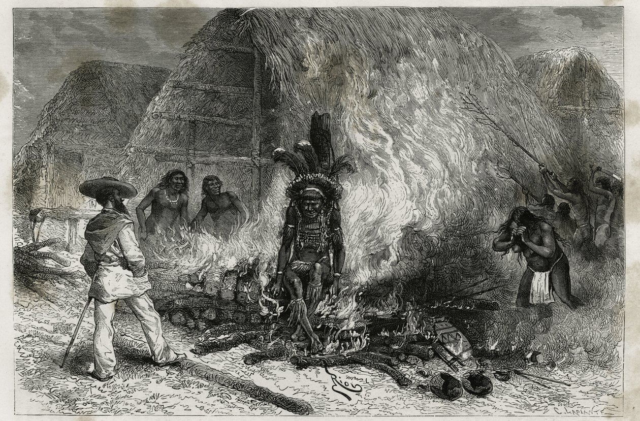 Ligbrændingen af en Roucouyenne (eller wayana), stamme, der bor langs floderne Mana og Maroni, vendt mod Bucher, Dr. Crevaux, gravering af Riou, for at illustrere udforskningsrejsen i det indre af Guyana af Dr. Jules Crevaux, læge i den franske flåde, af Edouard Riou