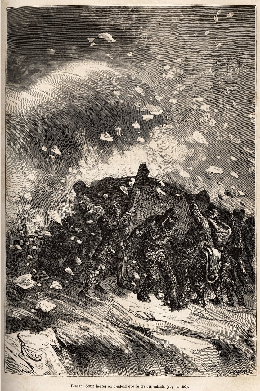Besætningens båd er fanget i en frygtelig storm, mændene uden reb og greb holder deres båd til styrken af deres arme, ætset efter en tegning af E.Riou, der illustrerer historien om Polaris, isflåde, af løjtnant Tyson, i 1870-1873, udgive af Edouard Riou