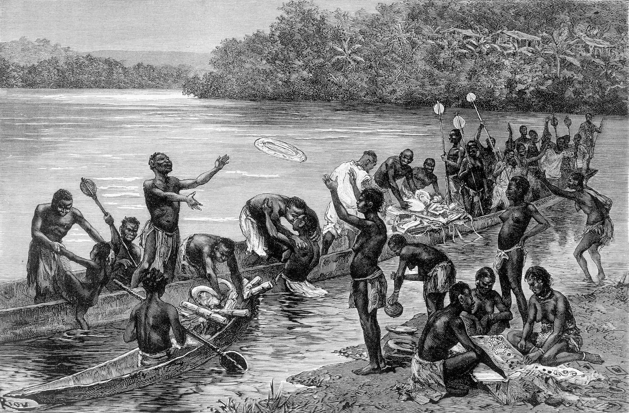 De forskellige aktiviteter for stammen i landsbyen Adouma i Afrika. I "" Journey in the West African "" af Brazza af Edouard Riou