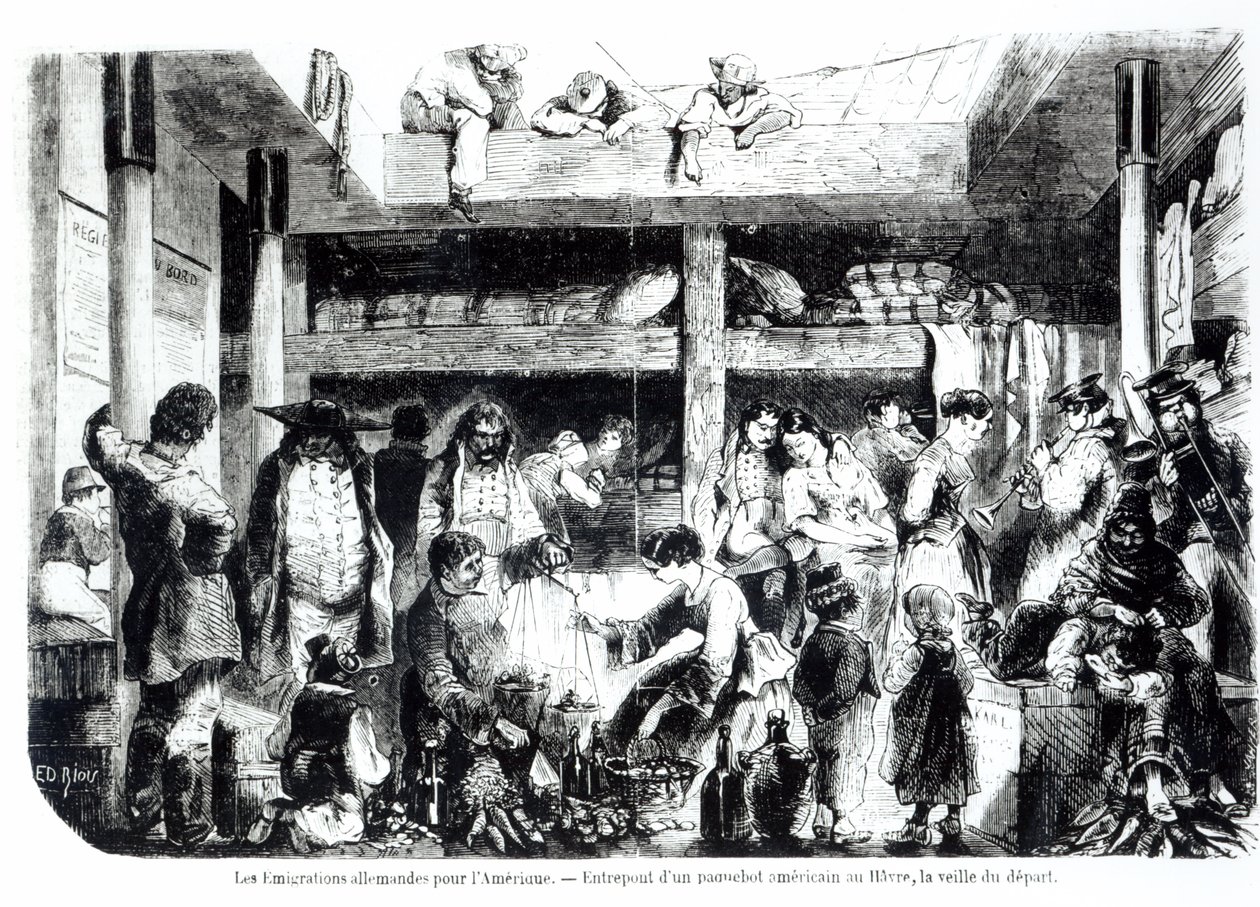 Afgangsaftenen til Amerika - Tyske emigranter, der rejser til U.S.A. i styresektionen af et amerikansk linjeskib ved havnen i Le Havre, ca. 1850 af Edouard Riou