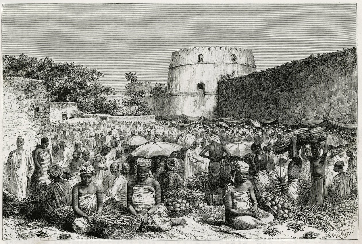 Frugtmarkedet på Zanzibar (Tanzania). Gravering af Riou, for at illustrere historien "" Rejsen til Benadir, Omalierne og Bayoun "", i 1882-1883, af M.G. Revoil. Udgivet i Le Tour du monde, nouveau journal des voyages af Edouard Riou