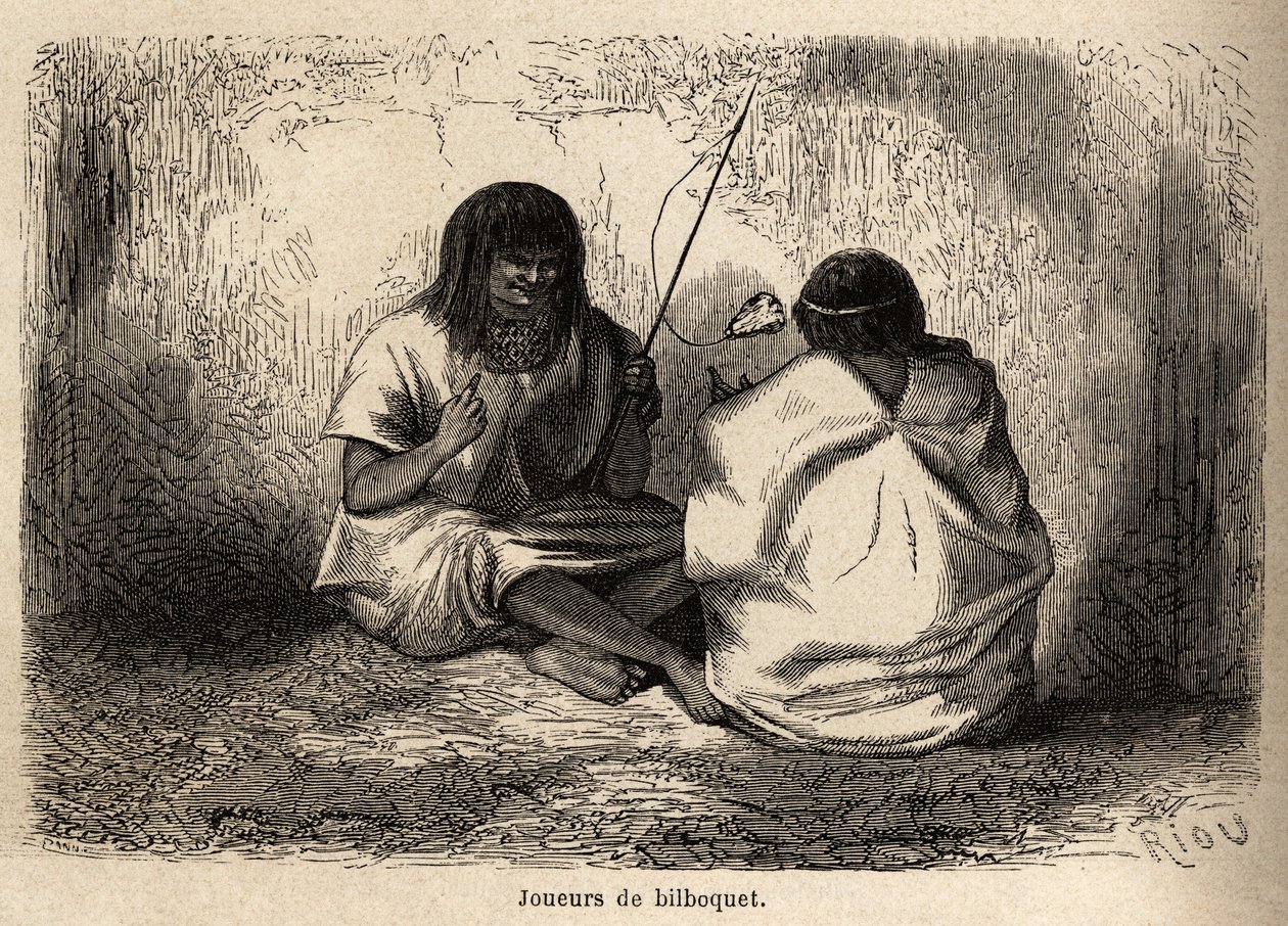 Bilboquet-spillet med et skildpaddehoved blandt Conibos-indianerne i Peru, tegnet af Riou for at illustrere P. Marcoys rejse fra 1848 til 1860, fra Stillehavet til Atlanterhavet. Indgravering i "" Le tour du monde"", redigeret af Edoua af Edouard Riou