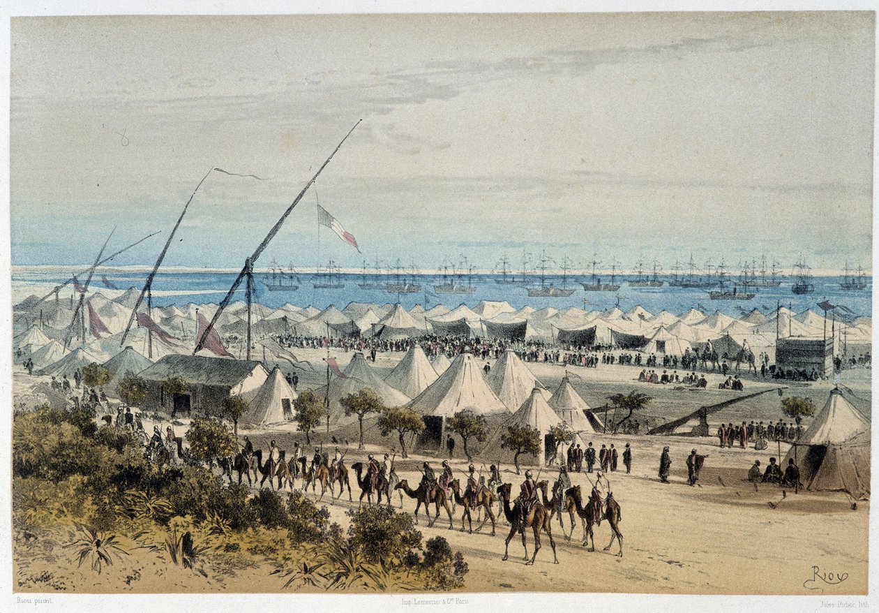 Ismalias havn og gæsternes lejr ved indvielsen af Suez-kanalen - i "Through the Isthmus of Suez"" af Riou, Marius Fontaine af Edouard Riou