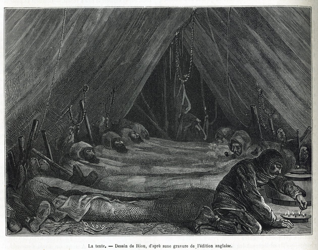 Det indre af teltet på isflagen, tegnet af Riou, for at illustrere historien om en rejse til polarhavet i 1875-1876 af kaptajn G.SNares (1831-1915). Indgravering i Le tour du monde af Edouard Riou