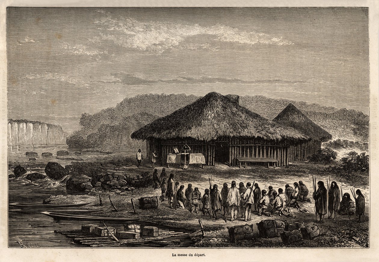 Afrejsemessen i Echarati (Peru), med deltagelse af de omvendte indfødte, tegning af Riou, der illustrerer Paul Marcoys rejse fra Stillehavet til Atlanterhavet fra 1848 til 1860. Indgravering i "" Le tour du monde"", redigeret af Edouard Chart af Edouard Riou