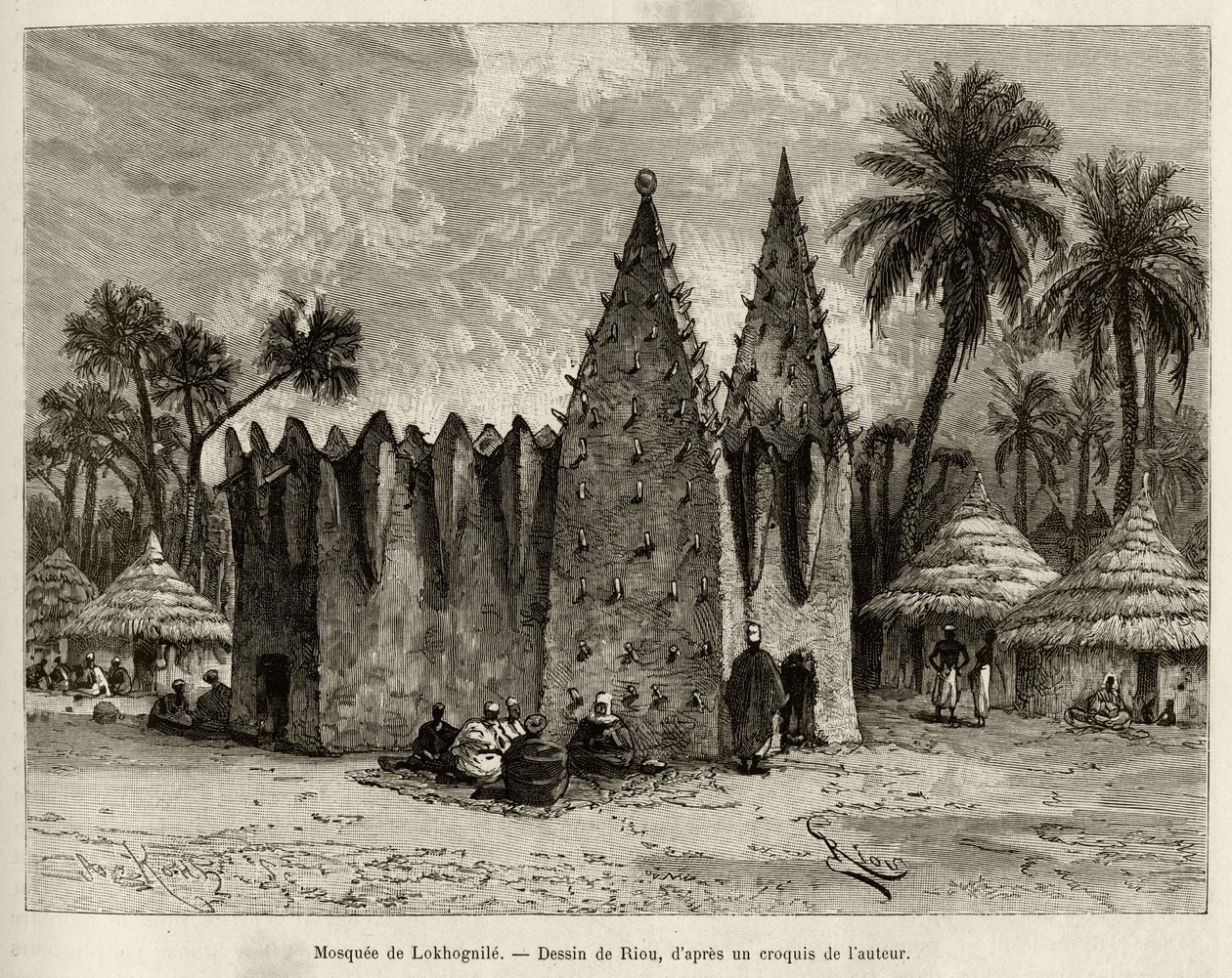 Moskeen i Lokhognile (Guineabugten). Gravering af Riou, for at illustrere historien "" Fra Niger til Guineabugten"" af kaptajn Louis Gustave Binger (1856-1936), i 1887-1889, i Le tour du monde, nouveau journal des voyages, under ledelse af af Edouard Riou