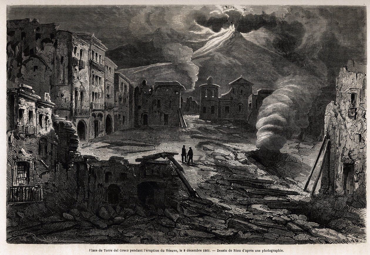 Torvet i Torre del Greco, under Vesuves udbrud, 8. december 1861, tegning af Riou, for at illustrere vandreture omkring Napoli af Marc Monnier, i 1862. Indgravering i "" Le tour du monde"", redigeret af Edouard Charton af Edouard Riou