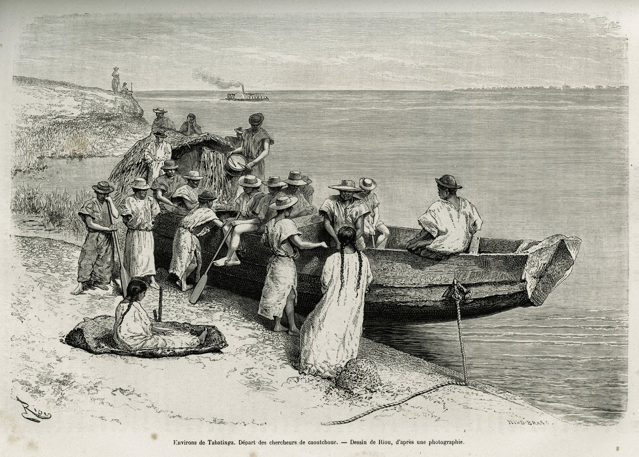 Starten på gummiforskere, i nærheden af Tabatinga (øvre Amazonas-region). Gravering af Riou, for at illustrere historien om Cayenne aux Andes, af Jules Crevaux, læge for den franske flåde, i 1878-1879, udgivet i Tour du monde, under ledelse af Edouard Riou