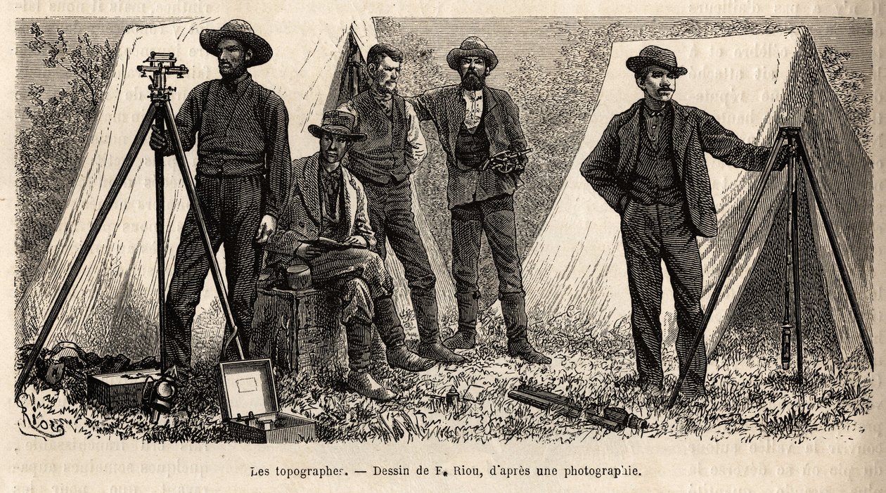 Holdet af topografer med deres materiale, fra den amerikanske geologiske mission, gravering efter tegningen af F.Riou, der illustrerer et sæt geografiske missioner gennem United States National Park, fra 1870 til 1872, af hr. Hayden, Doane og Langf af Edouard Riou