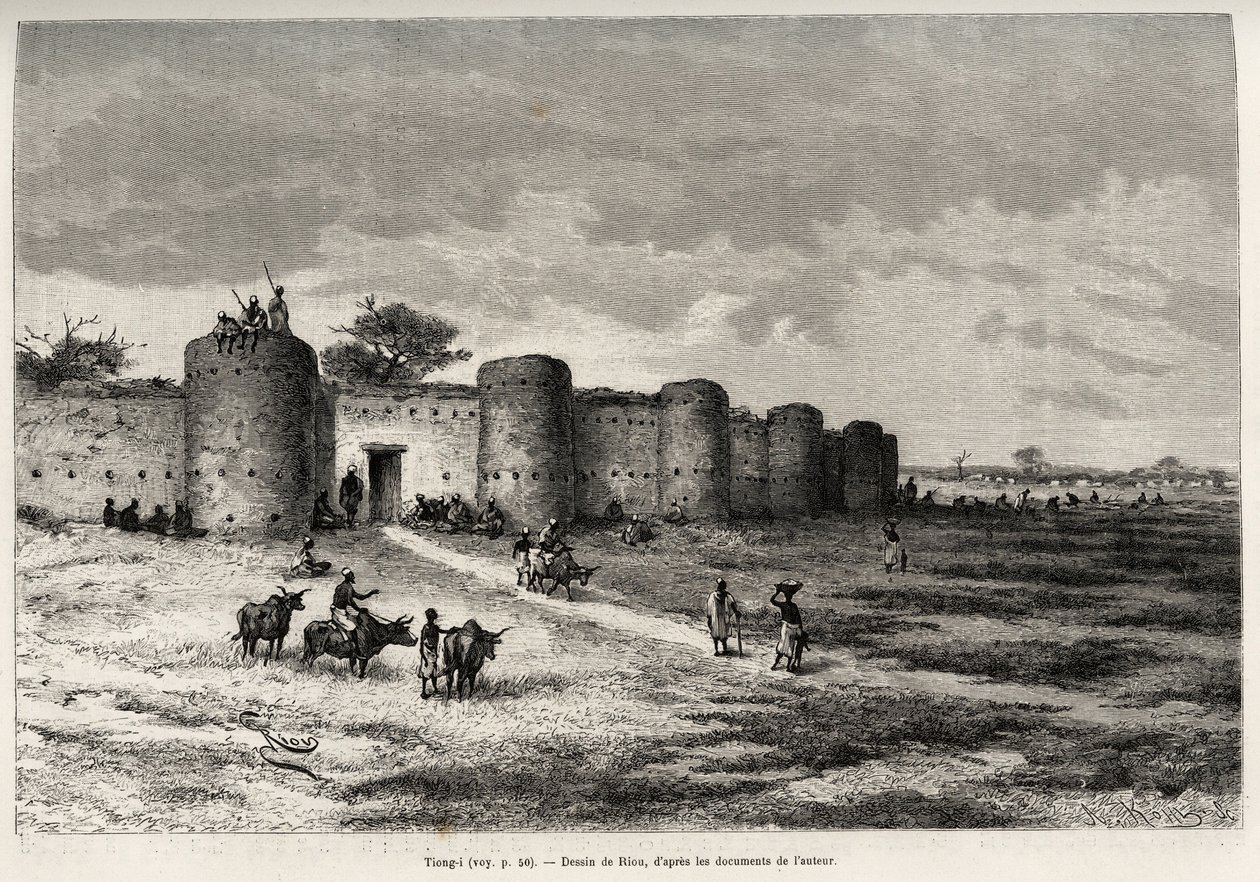 Byen Tiong-Gi (Tiong Gi, Mali), med sine fæstningsværker og lertårne. Gravering af Riou, for at illustrere historien "" Fra Niger til Guineabugten"" af kaptajn Louis Gustave Binger (1856-1936), i 1887-1889, i Le tour du monde, nouveau journal af Edouard Riou