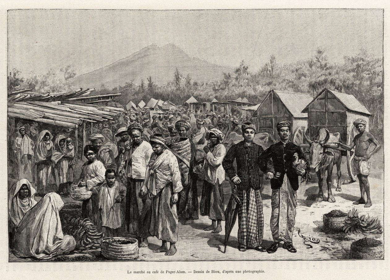 Gåturen på Pager Alam Cafe (Malaysia). Gravering af Riou for at illustrere historien "et år i Malaysia" af Jules Claine (1856-1939) af Edouard Riou