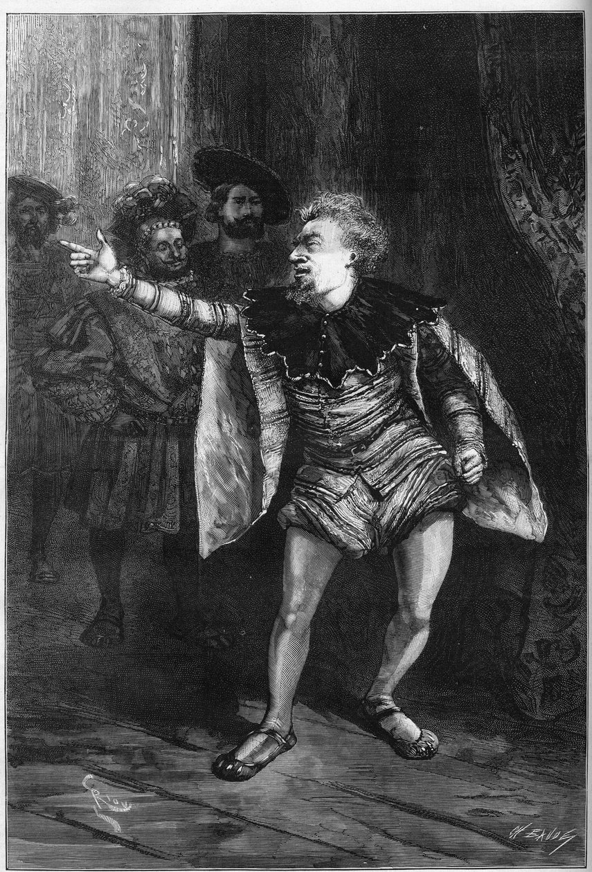 Teaterfremstilling: "Kongen har det sjovt" af Victor Hugo (1808-1883). Akt III scene III: Louvres forkammer, Triboulet (Edmond Got af Edouard Riou