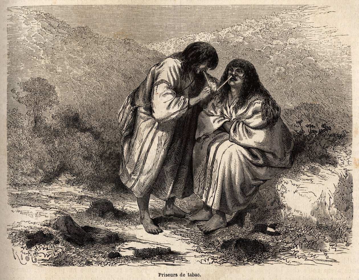 Tobaksauktioner, makeup efter traditionen fra Antis-stammen (Peru), tegning af Riou, der illustrerer Paul Marcoys rejse fra Stillehavet til Atlanterhavet fra 1848 til 1860. Indgravering i "" Le tour du monde"", redigeret af Edouard af Edouard Riou