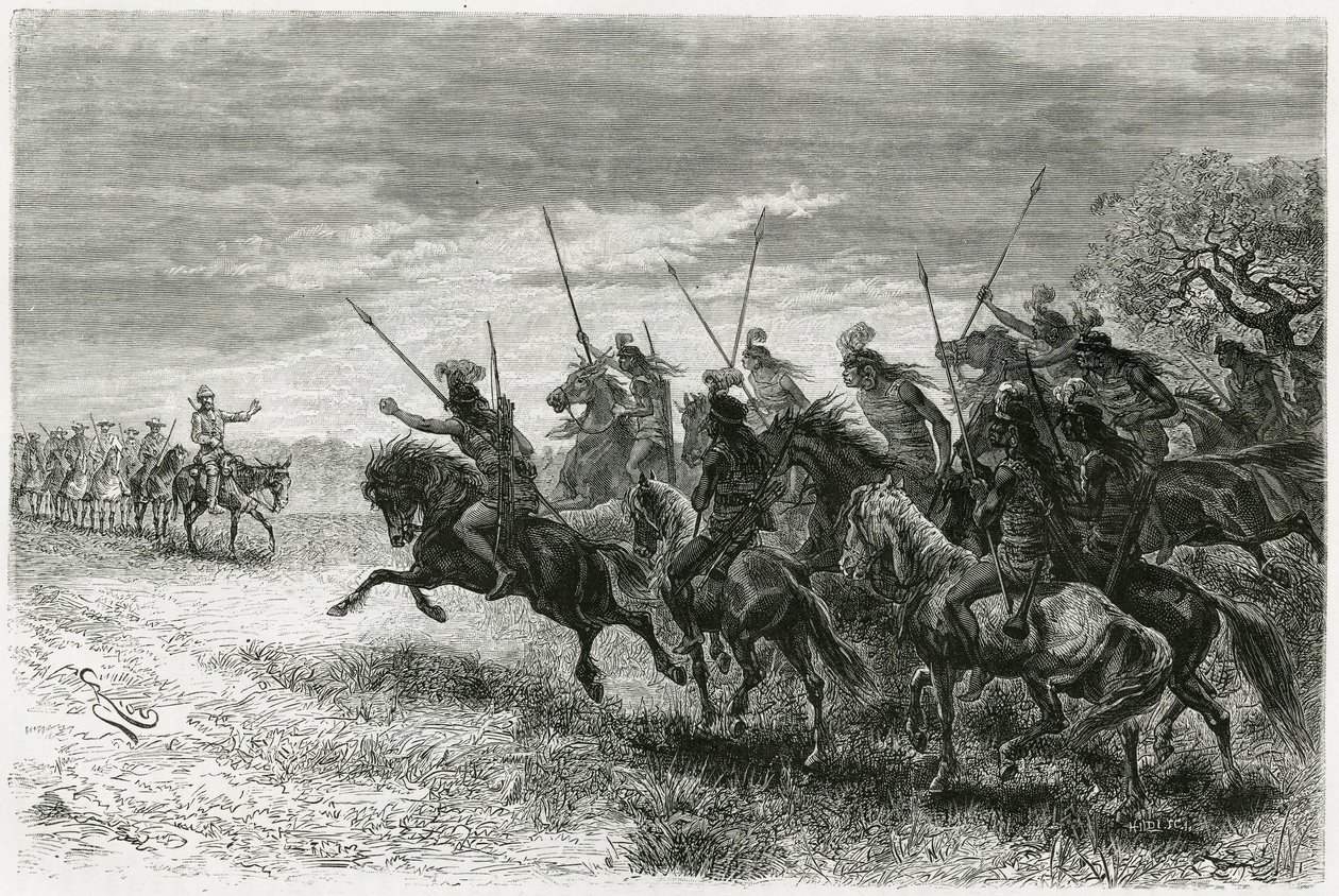Tobas-indianere (fra Chaco-regionen, mellem Paraguay og Bolivia) nægter at passere til kolonnen på Thouar-ekspeditionen. Gravering af Riou, for at illustrere historien "" På jagt efter resterne af Crevaux-missionen", i 1884, af A.Thouar (1853- disapp) af Edouard Riou