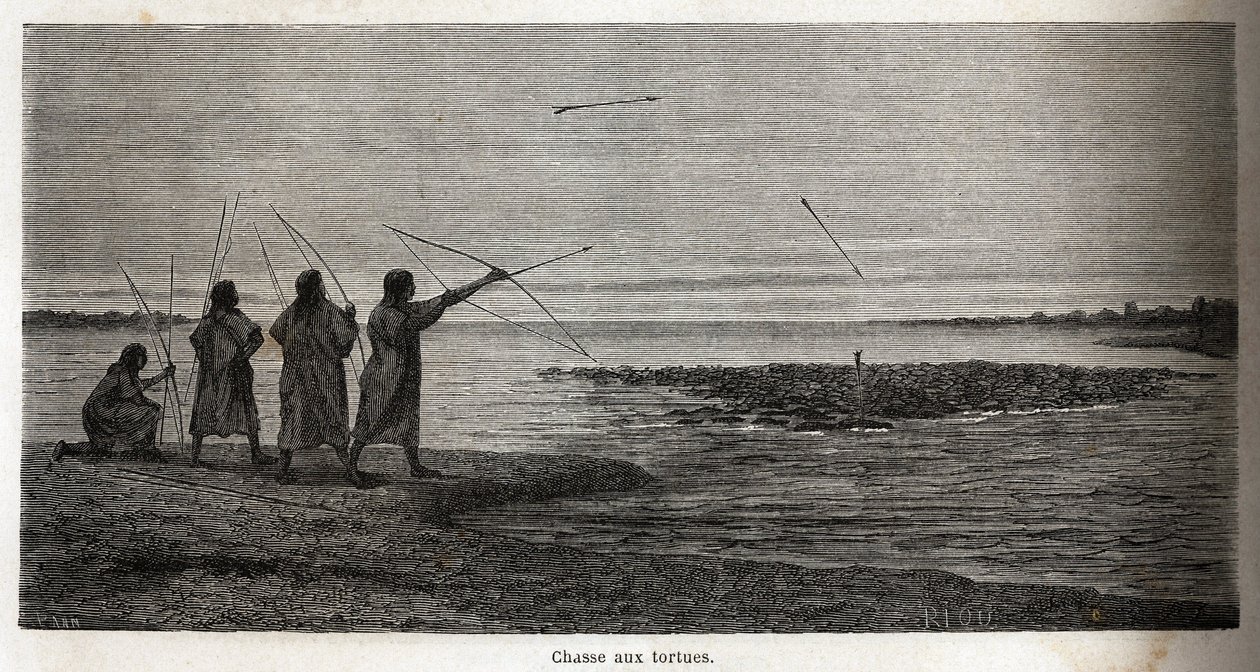 Skildpaddejagt blandt de indiske coniboer i Peru, tegning af Riou for at illustrere P. Marcoys rejse fra 1848 til 1860, fra Stillehavet til Atlanterhavet. Indgravering i "" Le tour du monde"", redigeret af Edouard Charton af Edouard Riou