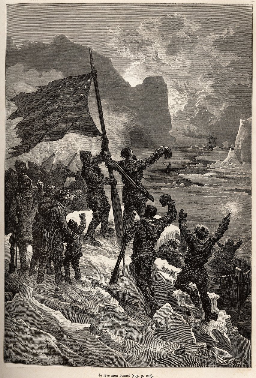 Tysons besætning, efter flere dages drift på et isbjerg, så endelig en hvalfanger og viftede med det amerikanske flag for at blive set og reddet, indgraveret efter en tegning af E.Riou, der illustrerer historien om Polaris, isflåden, af løjtnant Tyson, i 1 af Edouard Riou